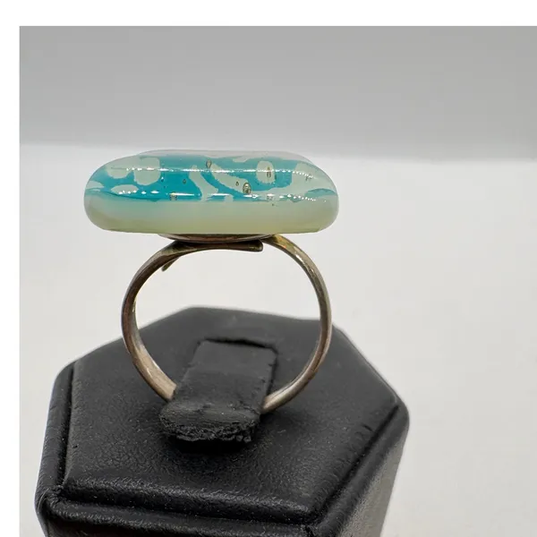 Vintage 925 Sterling Silver Art Glass Square Floral Adjustable Ring Size 6 Aqua - Image 4