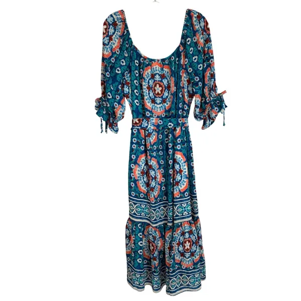 Fig and Flower Blue Floral‎ Medallion Boho Tiered Midi Dress Womens Large - Image 2