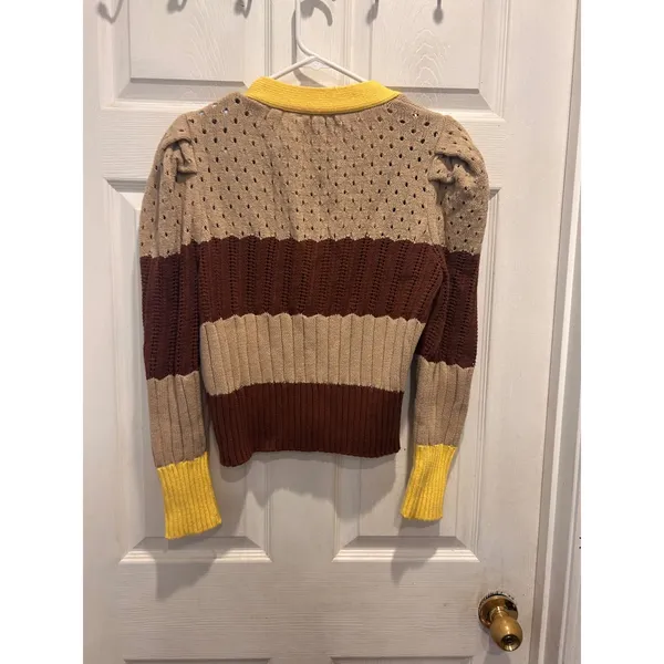 Anthro Calligraphie Womens Striped Puff Sleeve Cardigan Brown Yellow Pointelle L - Image 6