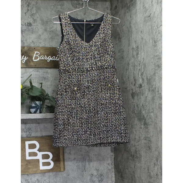 NWT City Studio Boucle Sheath Pocketed V Neck Sleeveless Dress Black Multi 3/4 - Image 4
