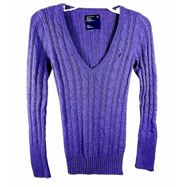 Y2K American Eagle V Neck Fitted Cable Knit Sweater Women Medium Purple Preppy - Image 2