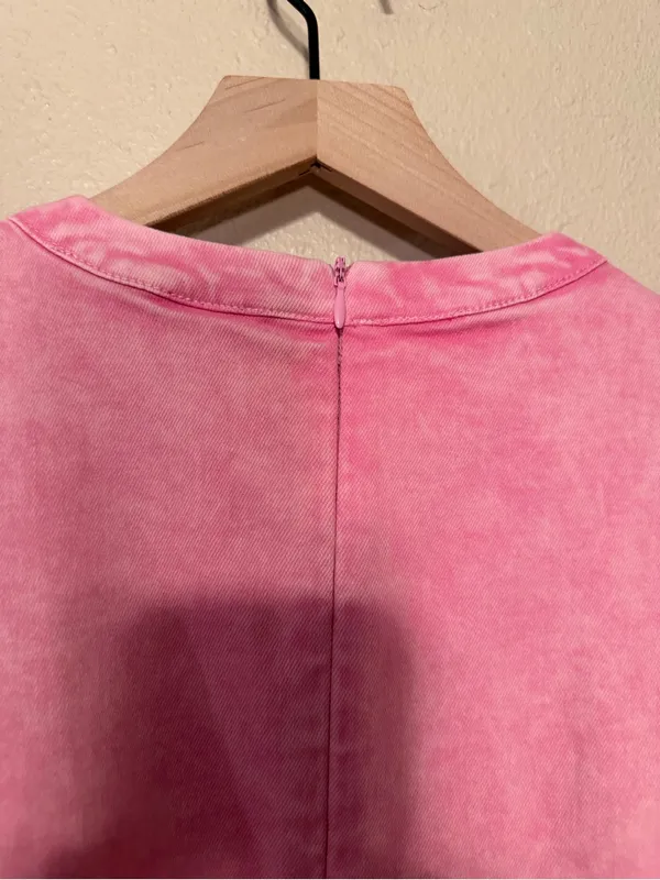 English Factory Knit Woven Mixed Dress Pink Women’s size Medium Puff Sleeve - Image 8