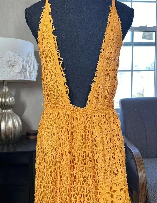 BHLDN x Free People Robinne Crochet Lace Maxi Dress Boho Yellow Orange Size M - Image 7