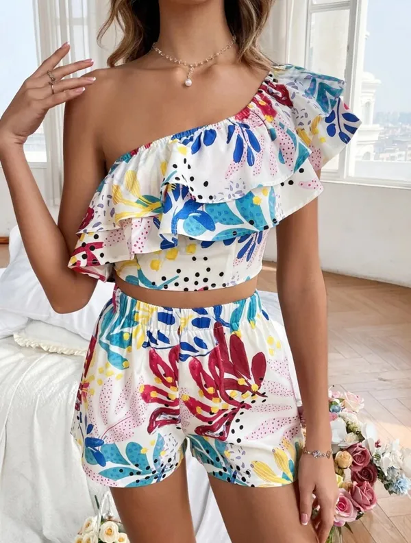 VCAY Floral Print One Shoulder Ruffle Trim Crop Top & Shorts - Image 3