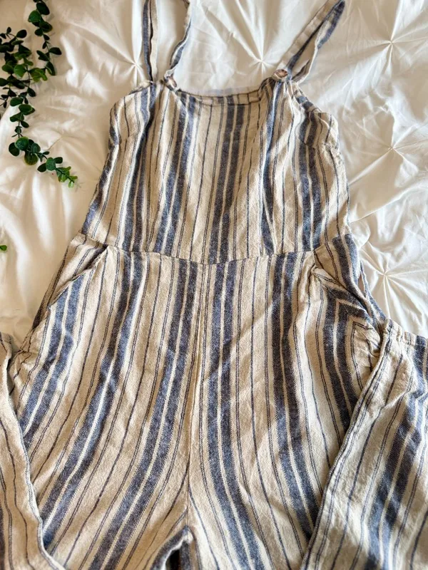 Gypsies & Moondust Linen Blend Striped Jumpsuit Size L – Beige & Blue - Image 3