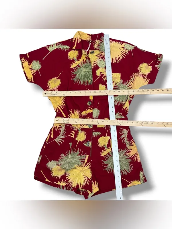 Free People Malibu‎ Tropical Palm Leaf Romper Maroon Red Yellow Small Campy - Image 12