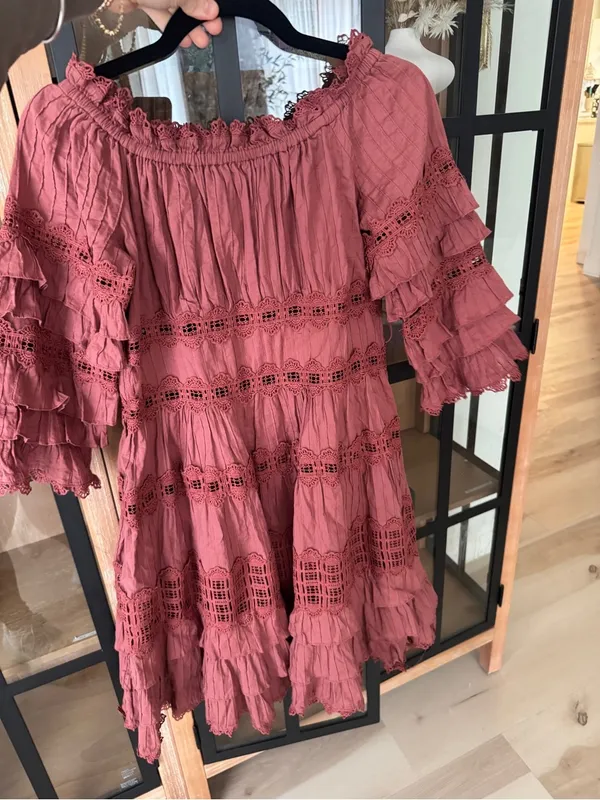 eyelet ruffle Corsair Frill Tier Dress Vintage Rose rust long sleeve - Image 4