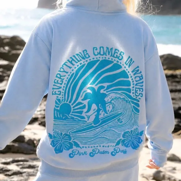 New Pink Palm Puff "Everything Comes in Waves" Hoodie in Blue - XXS - Image 2
