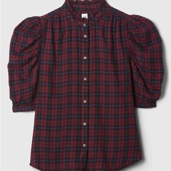 NEW Gap Women's XSMALL Red Plaid Puff Sleeve High Neck Blouse - Image 3