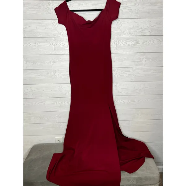 Deep Red Burgundy Off-Shoulder Formal Evening Gown thigh high slit size L - Image 3