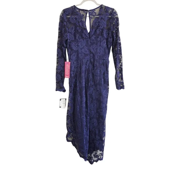 Marina NEW Navy Blue Floral Lace Faux‎ Wrap Midi Dress Asymmetrical Hem Wedding - Image 11
