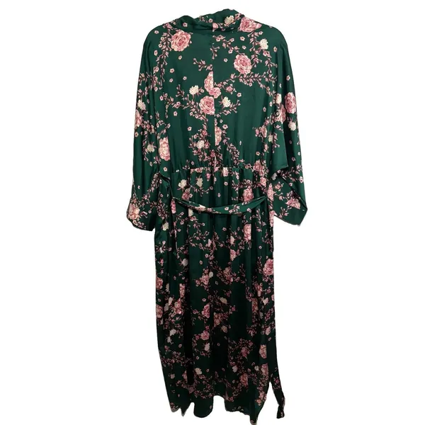 Eloquii Womens Satin Faux Wrap Dress Green Pink Floral Blossoms Kimono-Inspired - Image 10
