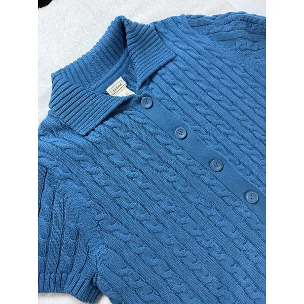 Vintage LL Bean Cable Knit Cardigan Women’s XL Blue Teal Short Sleeve Button Y2K - Image 3