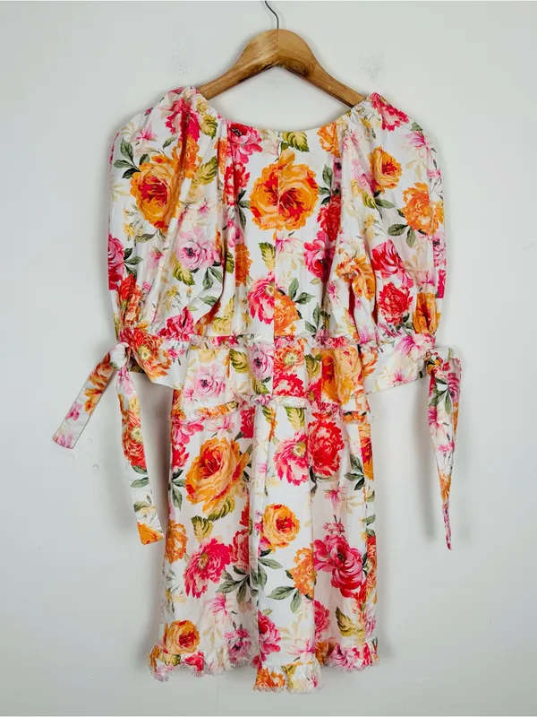 For Love & Lemons Julep Linen Blend Floral Mini Dress Coral Romantic. Small - Image 3