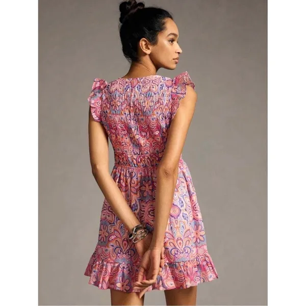 Anthropologie Peregrine Mini Dress Medium Petite Pink Blue Floral Paisley Ruffle - Image 2