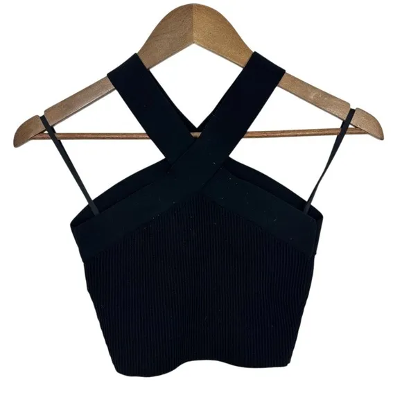 Babaton Black‎ Ribbed Sculpt Knit Crisscross Halter Crop Top Size S - Image 2