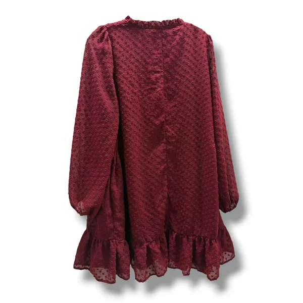 Arula Burgundy Swiss Dot Mini Dress Women L Wine V-Neck Balloon Sleeve Ruffle - Image 9