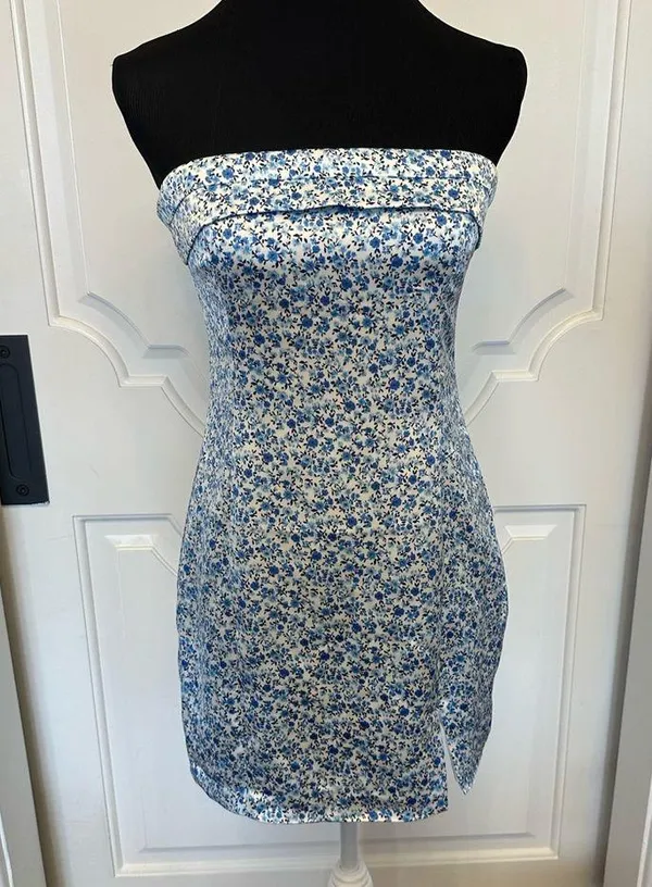 Altar’d State Floral Blue Strapless Dress Notch Slit Mini NWOT - Image 2