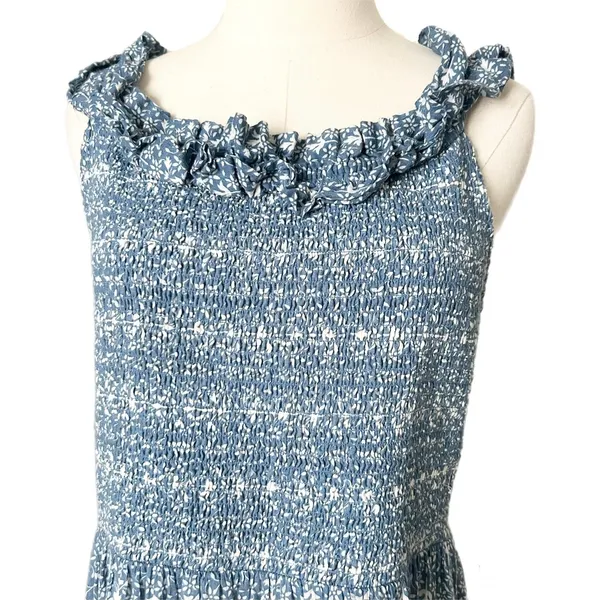 Gal Meets Glam Blue Floral Smocked Ruffle Maxi Dress 100% Cotton Size 16 - Image 3