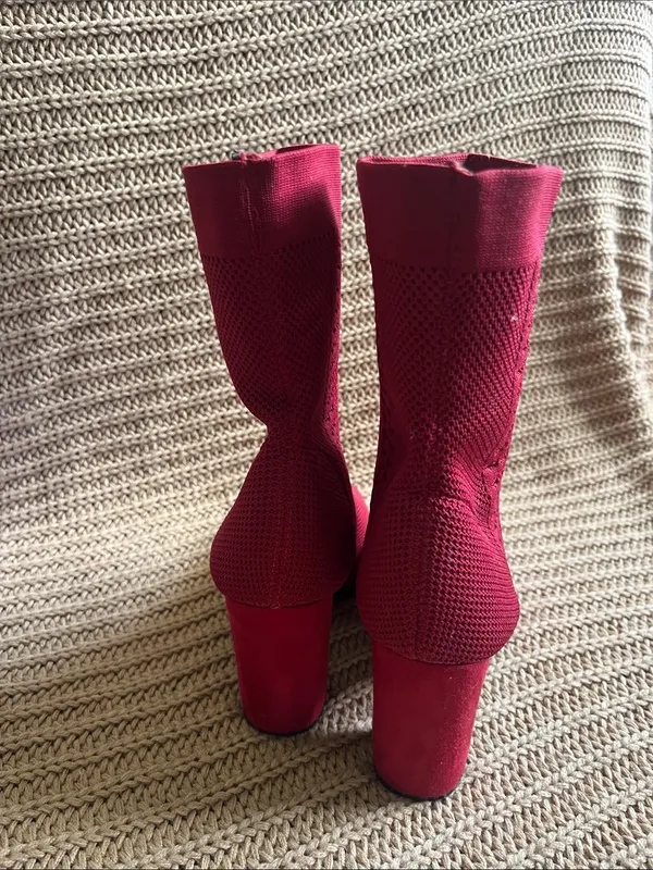 Hot Kiss Wine Red Knit Peep-Toe Sock Boots - Image 4