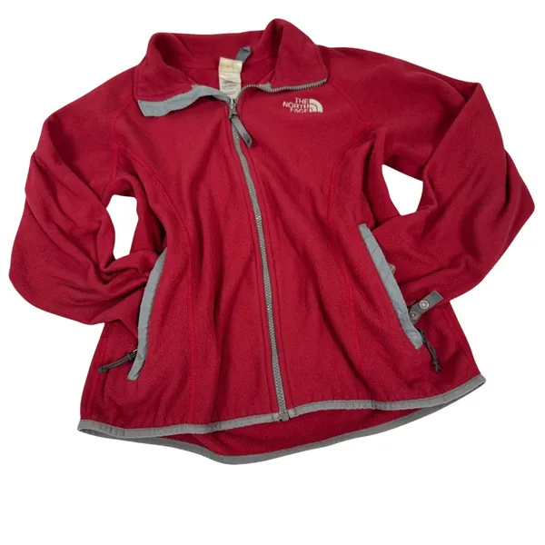 The North Face‎ Womens Red Full Zip Fleece Jacket Grey Trim Mock Neck Gorpcore - Image 2