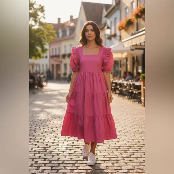 English Factory Square Neck Ruffle Smock Midi Dress Pink Sz XS NWT - Image 2
