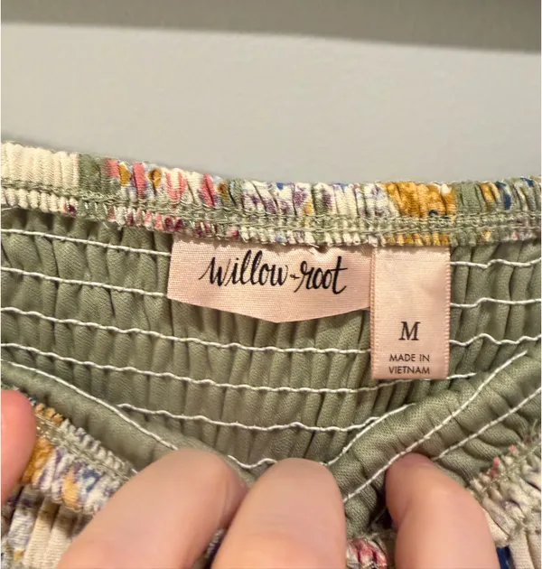 NWOT Willow & Root Smocked Detail Ruffle Hem Patterned Skirt Sage Green Multi - Image 3