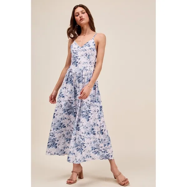 SO ME Floral Woven V‎ Neck Dress With Back Ribbon Tie - XLarge - Image 3