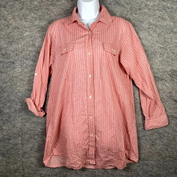 Lauren Ralph Lauren‎ Medium Shirt Button Up Pink Striped Long Sleeve Long Logo - Image 2