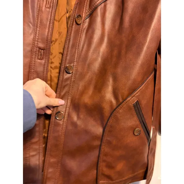 Vintage Kmart Leather Look Pantcoat‎ Brown Faux Leather Belted Jacket 70s 18.5 - Image 3