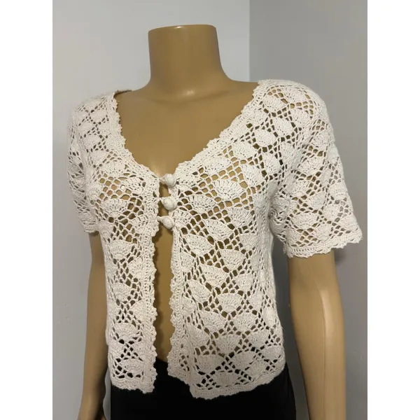 SWL Sport Ltd Womens Cream Crochet Open Knit Short Sleeve Cardigan Sweater Small - Image 2