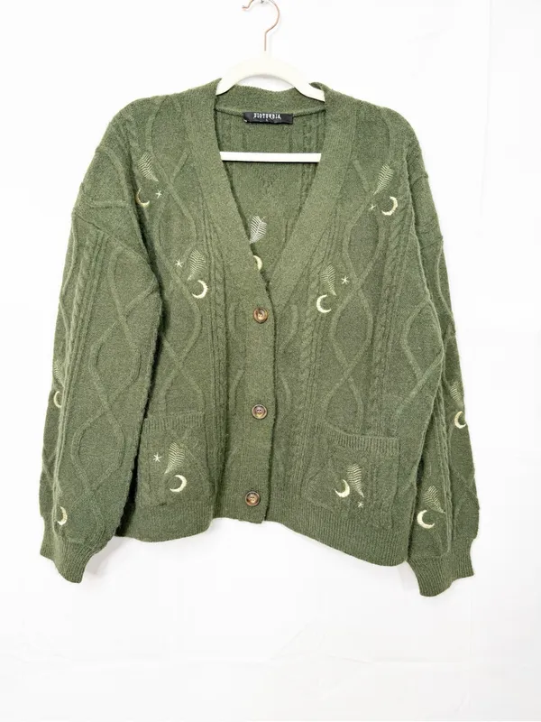 Disturbia Dianne Embroidered Cable Knit Cardigan Moon Star Fern Olive Green Knit - Image 2