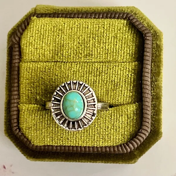 Vintage Turquoise Titanium Steel Silver Statement Ring – Size 6 Blue - Image 2