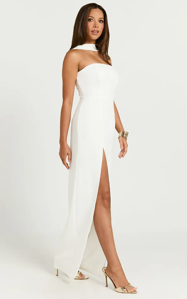 New Showpo Allegra Maxi Dress Neck Band Column High Split Dress In Off White - Image 2