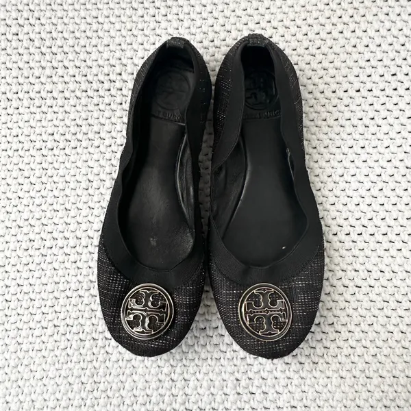 Tory Burch Black Gold Tweed Fabric Caroline Classic Reva Ballet Flats Shoes 6.5 - Image 5