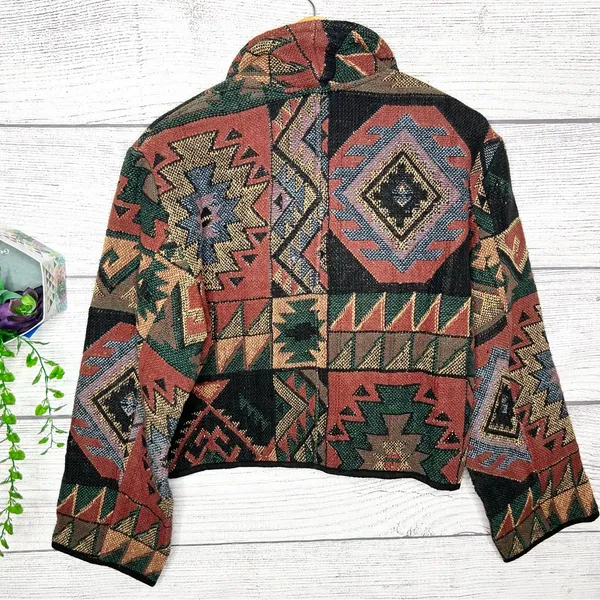 Vintage Flashback Southwestern Pattern Cropped Tapestry Jacket Size Medium Green - Image 9