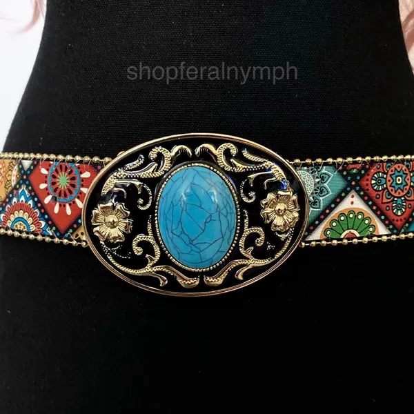 Boho Colorful Turquoise Buckle Western Y2K Belt, Fits 36.5-45 Inches, X7GA1289 - Image 5