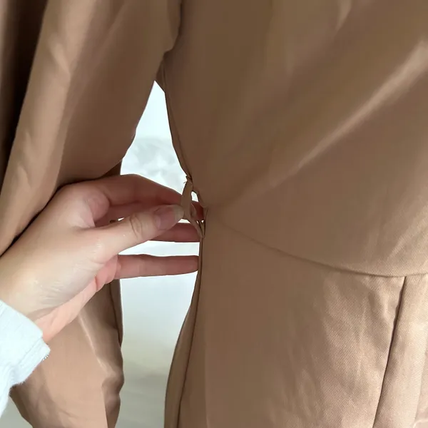 Tan mock neck knee length modest dress - Image 3