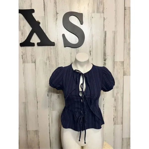 Kirious Los Angeles XS Navy Blue Pinstripe Tie-Front Peplum Top Puff Sleeve - Image 3