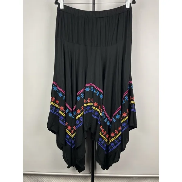 Azel Hazel Black Colorful Embroidered Handkerchief Hem Elastic Waist Skirt Sz L‎ - Image 6
