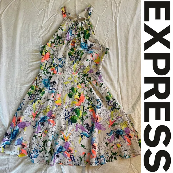 Express Floral High Neck Dress – Watercolor Print, A-Line Fit & Flare, Size 8 - Image 7