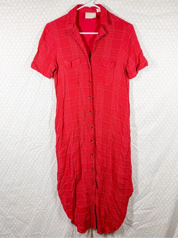 Anthropologie Maeve Hot Pink Red‎ Striped Crinkle Button Up Midi Dress - Image 2
