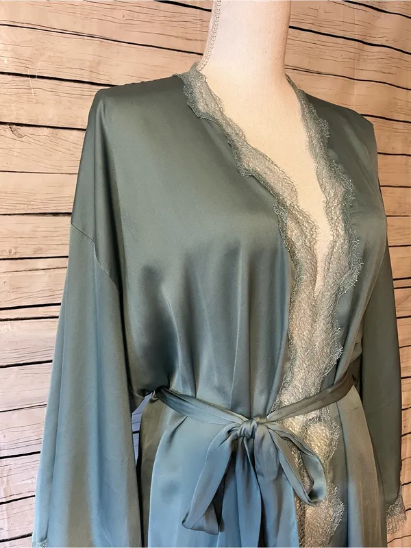 Victoria's Secret Satin Lace Trim Robe Sea-Foam Green Kimono Wrap Size M/L - Image 3
