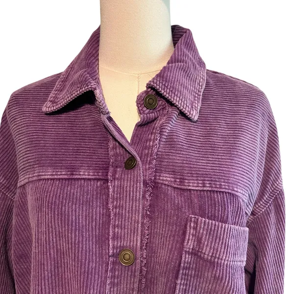 la miel Corduroy Shacket SZ M Purple Button Down Raw Hem Pocket Wide Wale Jacket - Image 2