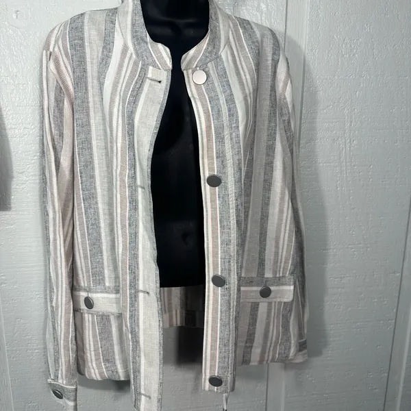 Jones New York Linen Gray Blue Stripes Lightweight JACKET/Blazer SIZE XL EUC - Image 3