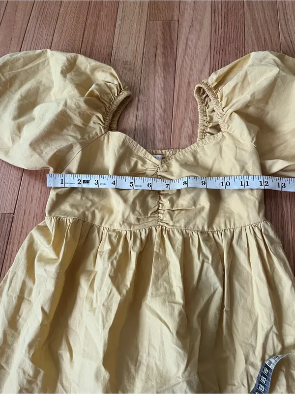 Billabong 100% Cotton Butter Yellow Puff Sleeve Babydoll Mini Dress Small Beach - Image 3