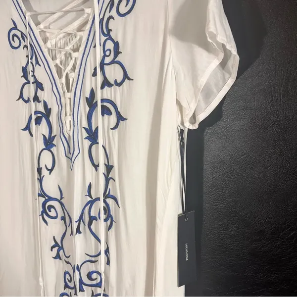 Lulus Down In Kokomo White And Blue Embroidered Lace Up Dress Size‎ Medium - Image 6