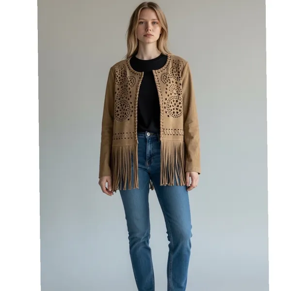 Easel Los Angeles Suede Like Jacket Boho Fringe Cutout Embellished Tan‎ - Image 2