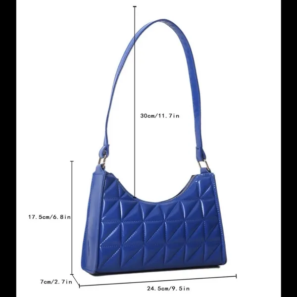 Shein Quilted Pattern Baguette Shoulder Bag Purse Blue Diamond Grid Zipper - Image 12