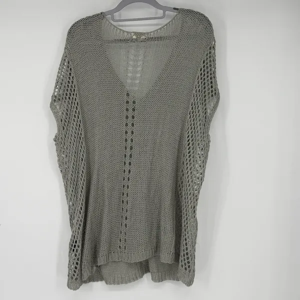 POL Oversized Sage Green Open‎ Knit Crochet V-Neck Poncho Top Large - Image 2
